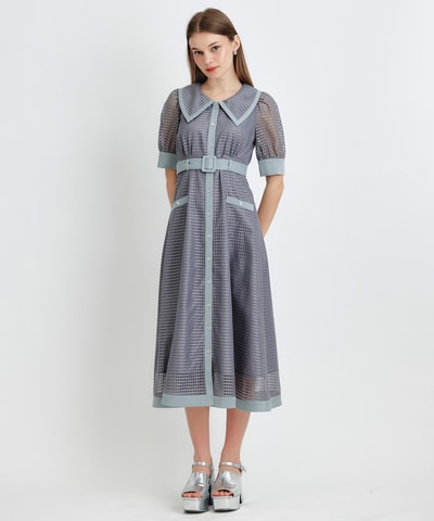 シアーチェックビッグカラーフレアロングワンピース