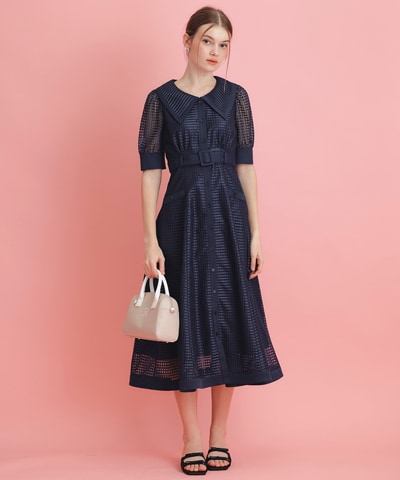 シアーチェックビッグカラーフレアロングワンピース