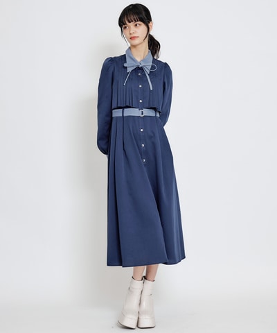 フロントプリーツリボンタイフレアロングワンピース