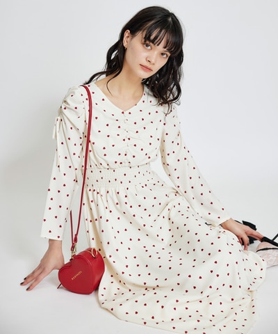 Love Me Heart ギャザーリボンロングフレアワンピース