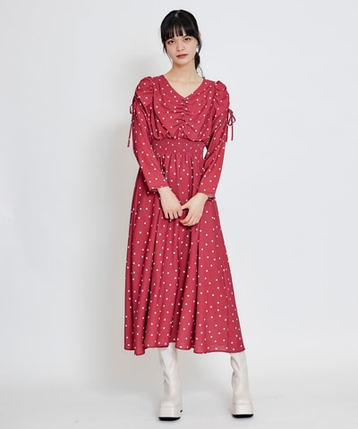 Love Me Heart ギャザーリボンロングフレアワンピース