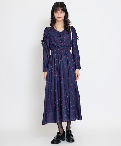 Love Me Heart ギャザーリボンロングフレアワンピース