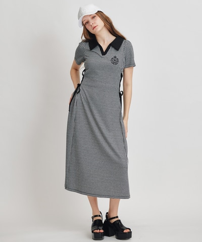 ポロカットレースアップフレアロングワンピース