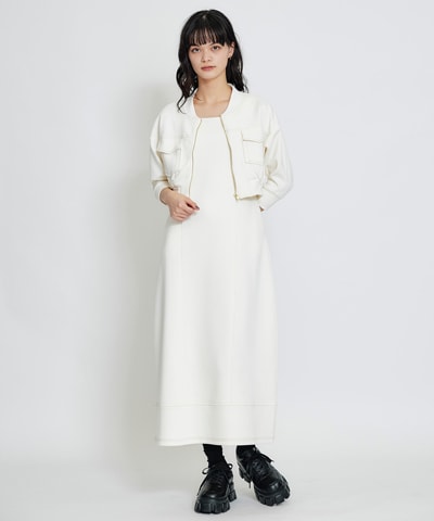 【セットアップ可能】バイカラーステッチカットロングワンピース