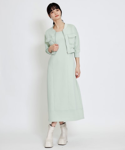 【セットアップ可能】バイカラーステッチカットロングワンピース