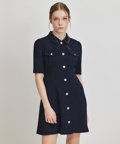 エンブレムボタンワッフルミニシャツワンピース