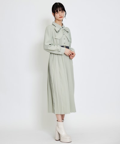 リボンタイプリーツロングシャツワンピース