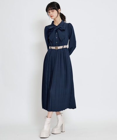 リボンタイプリーツロングシャツワンピース