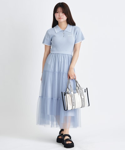 ポロニットチュールティアードドッキングロングワンピース