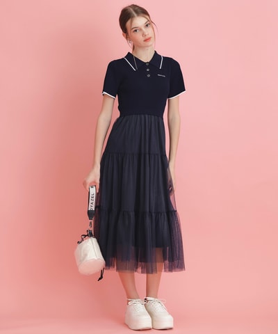 ポロニットチュールティアードドッキングロングワンピース