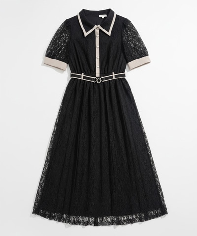 レースバイカラープリーツロングワンピース