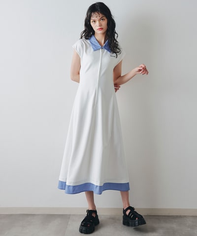 レイヤードフロントZIPバックカットフレアロングワンピース