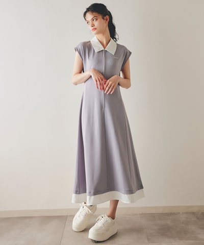 レイヤードフロントZIPバックカットフレアロングワンピース