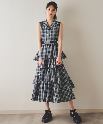 チェックベルトティアードロングワンピース
