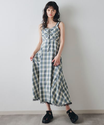 レーストリムチェックリボンフリルロングワンピース