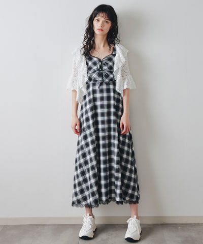 レーストリムチェックリボンフリルロングワンピース