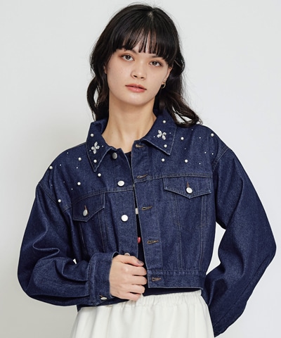 フラワービジューパールデニムジャケット