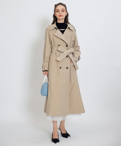 バックベルトデザインパイピングロングトレンチコート