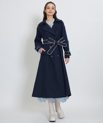 バックバイカラーパイピングベルトデザインロングトレンチコート