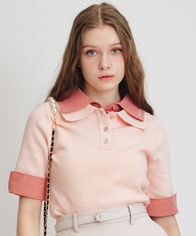 ダブルカラーハーフスリーブニットプルオーバー