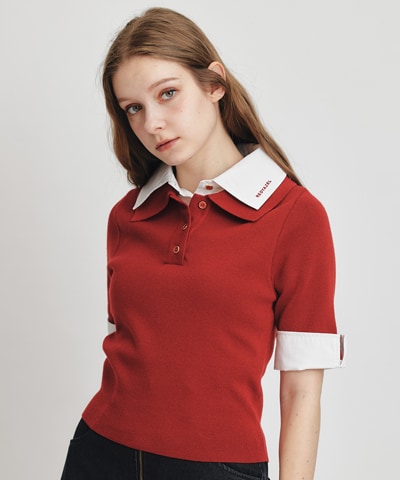 ダブルカラーハーフスリーブニットプルオーバー