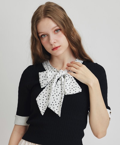 ケーブルリボンタイハーフスリーブニットプルオーバー