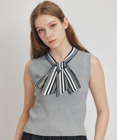 ストライプリボンタイノースリーブリブニット