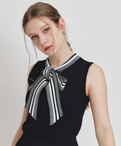 ストライプリボンタイノースリーブリブニット