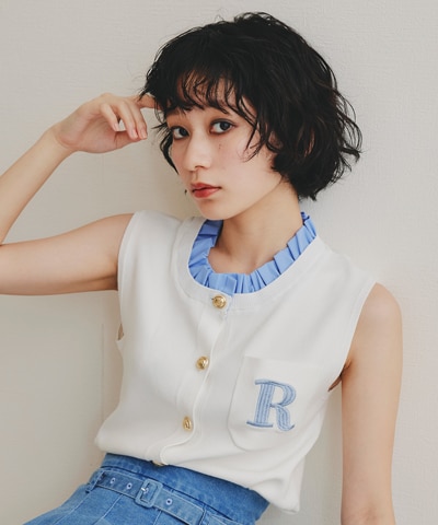 Rロゴレイヤードフリルノースリーブカーディガン
