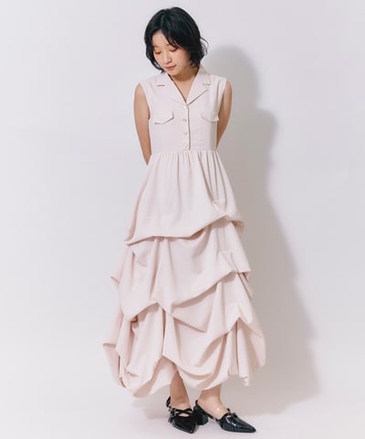 タックボリュームシャツロングワンピース
