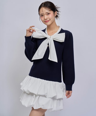 【=LOVE 大場花菜さん着用】ビッグリボンティアードニットシャツミニワンピース