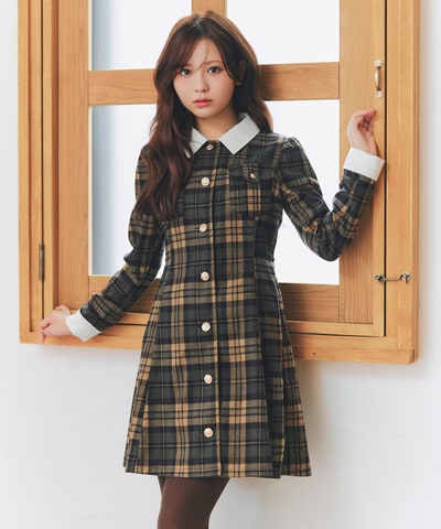 【=LOVE 大場花菜さん着用】エンブレムボタンチェックミニシャツフレアワンピース
