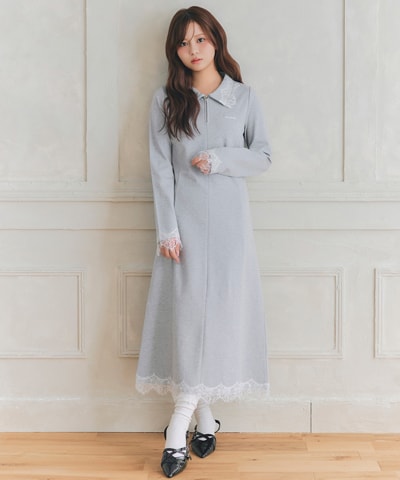 【=LOVE 大場花菜さん着用】レーストリムハーフZIPポロカットロングワンピース