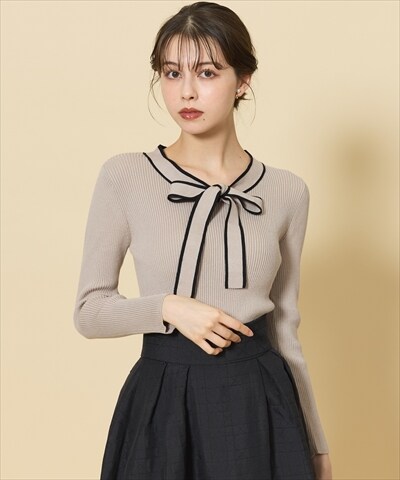 配色ボウタイリボンリブニットプルオーバー(F ベージュ): Swingle  