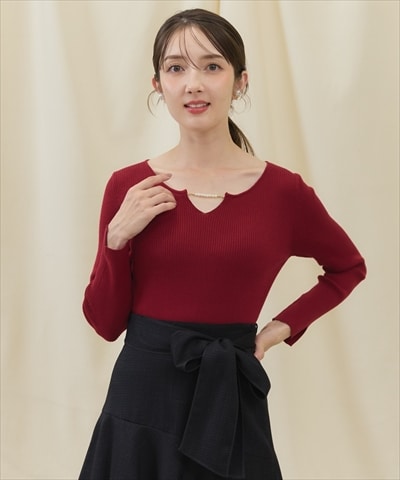 長袖パールキーネックニットプルオーバー