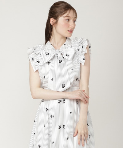 【7/3発売】ストライプ×フラワー刺繍2WAYフリルブラウス