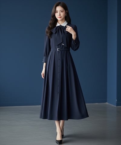 【2/27(Fri)発売】リボンタイ付き白襟タックフレアワンピース