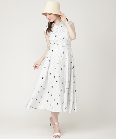 【7/3発売】ストライプ×フラワー刺繍シャツワンピース