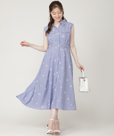 【7/3発売】ストライプ×フラワー刺繍シャツワンピース