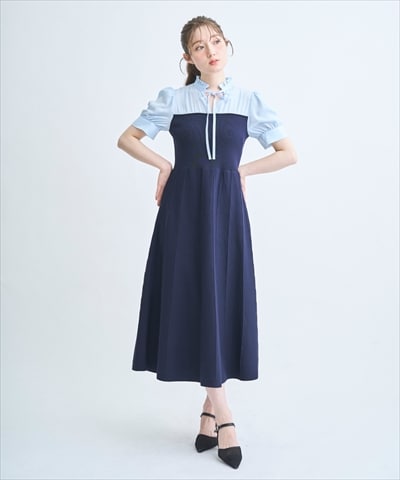 フリル衿ニットドッキングワンピース