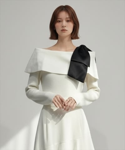 【2/6(Fri)発売】サテンリボン付オフショルニットプルオーバー