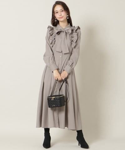 ショルダーフリルリボンタイシャツワンピース