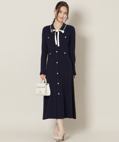 フロントボタンリボンタイニットワンピース