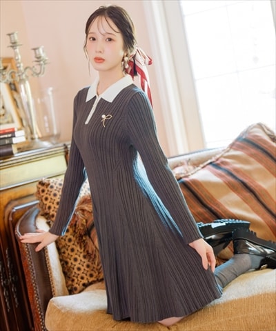 ポロカラーフレアニットワンピース