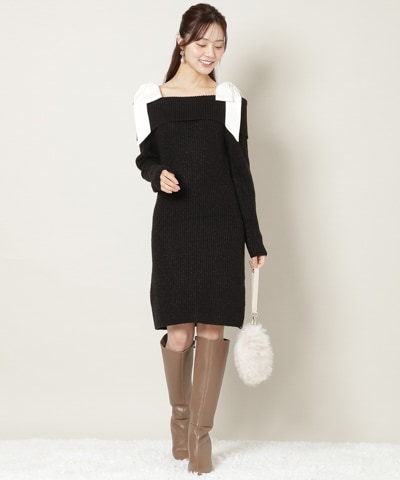 リボンショルダーオフショルニットワンピース