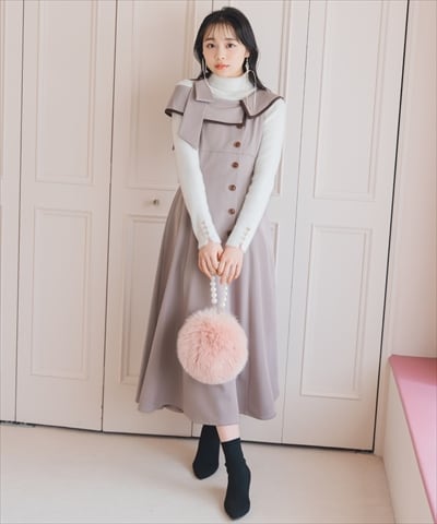 アシンメトリーリボンショルダーワンピース