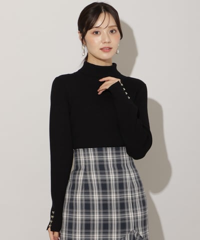 袖口リボンリブタートルニット