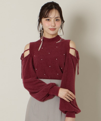 パールビジューフェザーニットトップス