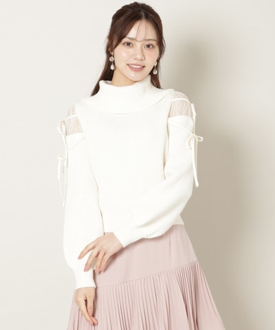 レースショルダーオフタートルニット
