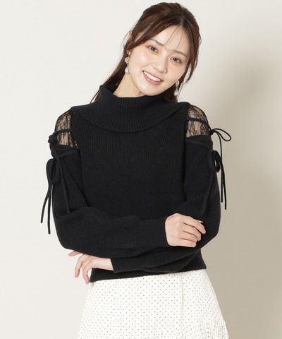 レースショルダーオフタートルニット